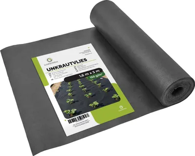 Image de Garronda Toile anti-mauvaises herbes 150 g/m² Noir 1,6 m x 5 m Perméable à l'eau Résistante aux UV Couverture de sol pour allées et surfaces en pierre GD-0177