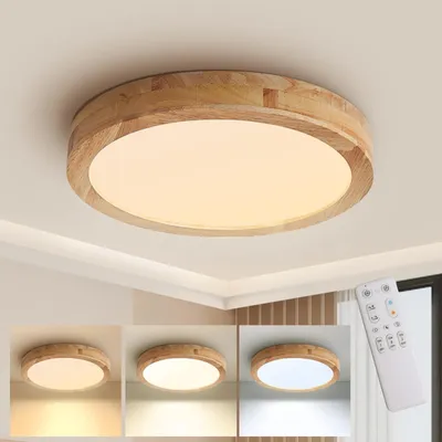 Zdjęcie produktu dla Drewniana lampa sufitowa LED 40 cm ściemniana z pilotem