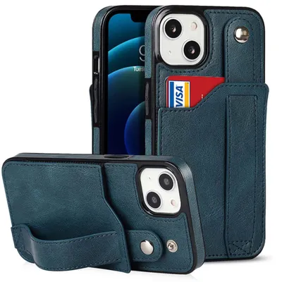Image de Smartphonica Étui en cuir avec porte-cartes pour iPhone 13 - Bleu