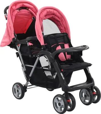 Image de vidaXL Poussette tandem acier rose et noir