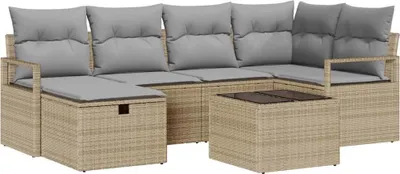 Image de Ensemble de salon vidaXL, 7 pièces, couleur beige et gris clair, en résine tressée (polyrotin), capacité de 6 personnes
