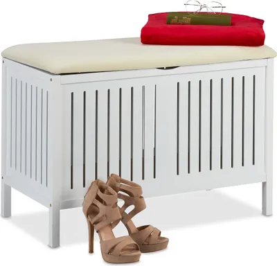 Obrázok produktu pre Lavička Relaxdays s úložným priestorom, čalúnená, úložný priestor 80 l, vidiecky štýl, drevo, rozmery truhly na sedenie VxŠxH: 56 x 78 x 39 cm, biela