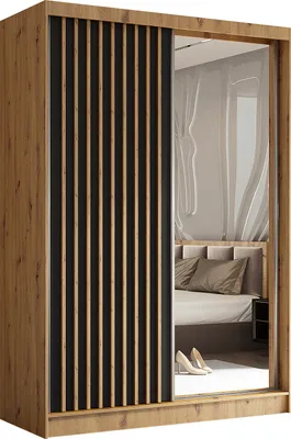 Produktbild von Masseno Schiebetürenschrank LAMELLO 150 cm Kleiderschrank Schlafzimmer Schrank 2-türig mit Spiegel und Lamellen Eiche Artisan