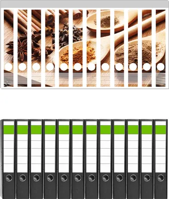 Produktbild von Wallario 12 Stück schmale Ordner inkl. Klebeetiketten mit Motive Kräuter und Gewürze auf Holzlöffeln -  Set mit Rückenschildern / Ordnerrücken Stickern