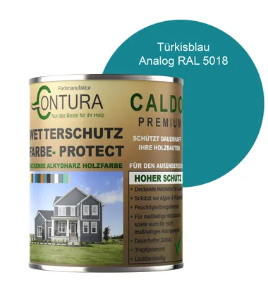 Produktbild von Contura 500ml Wetterschutzfarbe Holz Dauerschutzfarbe Deckend Buntlack Holzfarbe Holzlasur Seidenmatt - Türkisblau - RAL 5018 Analog