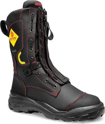 A black fire boot with red stitching and yellow accents is shown against a white background.