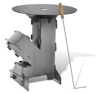 Produktbild von Eikuavons Raketenofen Outdoor Grillofen, Steckbarer Campingkocher aus Kohlenstoffstahl mit Grillplatte 50 cm und Feuerhaken für Garten Camping