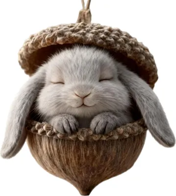 A cute, fluffy gray bunny is sleeping peacefully inside a brown acorn ornament.