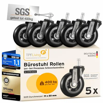 Obrázok produktu pre Kolieska na stoličku 5 ks, 11 mm x 22 mm, do 400 kg, pre kancelárske stoličky