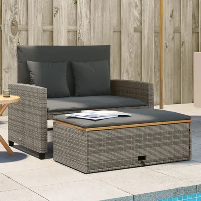 Produktbild von Gartensofa mit Kissen 2-Sitzer Grau Poly Rattan & Akazienholz