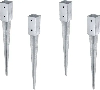 Four metal ground spikes with square tops, arranged in a row against a white background.