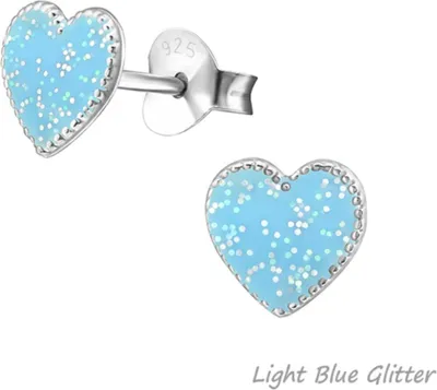 Produktbild von Kinder-Ohrringe: 925 Silber Ohrstecker „Herz bunt“ Light Blue Glitter