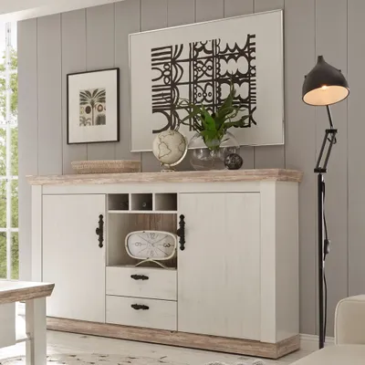 Produktbild von Sideboard im Landhaus Stil Pinie weiß Nb. und Oslo Pinie dunkel Nb. FERNA-61 mit Flaschenregal B/H/T ca. 168x104x44cm