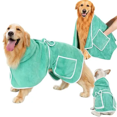 Produktbild von Hundebademantel Set mit Extra Großem Hundehandtuch Grün L