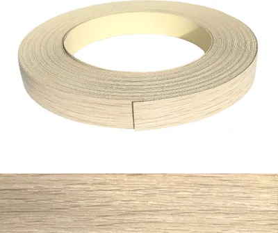 A roll of wood-effect edge banding tape is shown, with a close-up of the wood grain pattern below.