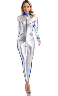 A woman is modeling a metallic silver and blue jumpsuit.
