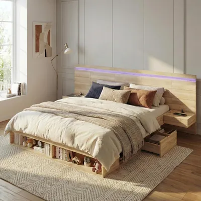 Obrázok produktu pre Merax Dvojposteľ Drevená posteľ 180x200cm s 2 nočnými stolíkmi a LED, posteľ s úložným priestorom s USB a Type-C, posteľ pre mládež z MDF, prírodná farba