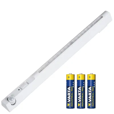 Produktbild von Maclean LED-Lampe mit beweglichem Sensor Haken ON/OFF/AUTO Temp. 4000K Reichweite 3m MCE235 + 3x Varta Industrial AAA Alkalibatterien