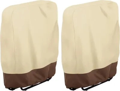 Two beige and brown chair covers are shown side-by-side against a white background.
