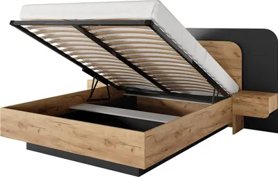 Produktbild von Bett mit Kommode und Nachttischen 160 x 200 cm - Mit LED-Beleuchtung - Natur und anthrazit - DESADO
