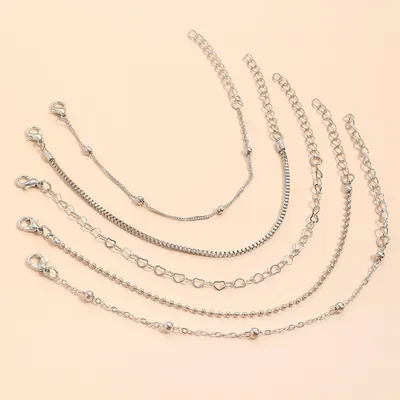 Produktbild von 5er Armband Set Silber – Filigrane Damen Armkette mit Herz & Perlen Design, J0670