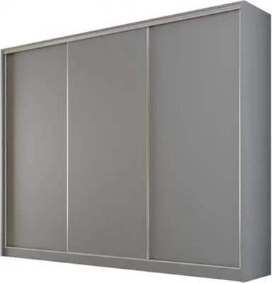 A three-door sliding wardrobe in a neutral gray color.