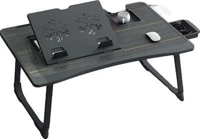 A black, foldable laptop table with a built-in stand, cup holder, and drawer, shown on a white background.