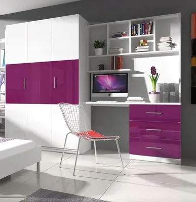 Produktbild von Jugendmöbel TOMI 3 Schrank/Regal mit Schreibtisch Kindermöbel Hochglanz Jugendzimmer (Weiß / Violett)