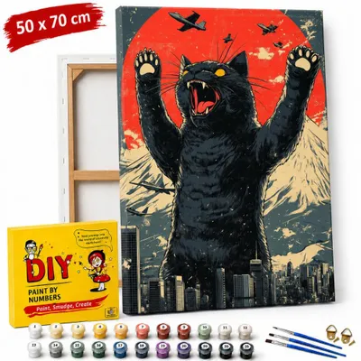 Obrázek produktu pro Obraz k malování podle čísel s rámečkem – Kočka Godzilla, 50 × 70 cm