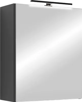 A modern bathroom cabinet with a mirrored front and an integrated LED light strip above.
