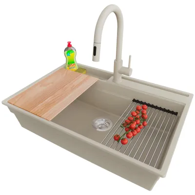 Produktbild von PRIMAGRAN Granitspüle Beige 78x53cm, Spülbecken 1 Becken + Ablauf-Set + Küchenzubehörset, Küchenspüle ab 80er Unterschrank - Oslo Pocket