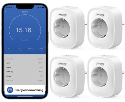 Obrázok produktu pre GHome, inteligentná zásuvka pre Wi-Fi, 16A, pre inteligentnú domácnosť, kompatibilná s Alexa/Google Home, meranie spotreby energie, ovládanie cez aplikáciu a hlasom, programovanie a časovač, balenie 4 kusov, iba pre 2,4 GHz Wi-Fi – biela