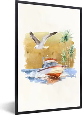 Produktbild von MuchoWow® MuchoWow® Gerahmtes Poster Boot - Palme - Vogel 20x30 cm - Poster mit zchwarzem Bilderrahmen - Drucken - Bilder Poster im Rahmen