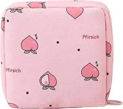 Rosa quadratische Tasche mit sich wiederholendem Muster aus Cartoon-Pfirsichen und kleinen schwarzen Sternen