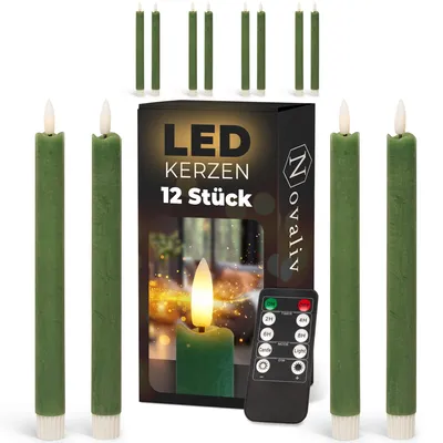 Productafbeelding van LED-kaarsen met timer, groen, 12 stuks, voor gebruik binnenshuis - 6 uur - ECHT WAX, 23 cm hoog, geschikt voor kaarsen met een diameter van 2,2 cm. 2 AAA-batterijen nodig. LED-kaarsen, set van 2, groen (drie stuks), met bewegende vlam en licht