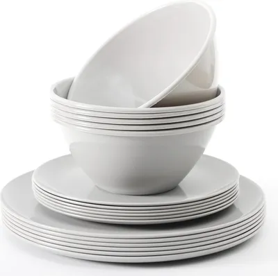 Produktbild von Plastikgeschirrset - 18 Teile Tischgeschirr - Geschirrset mit Plastiktellern - 20CM & 25CM - Plastikschüssel 1000ML - Geschirrset für 6 Personen - Graues Geschirrset für 6 Personen