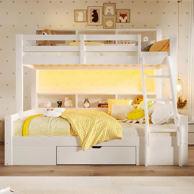 Produktbild von Etagenbett, 90×200 & 140×200 cm, mit Leiter, Bettgitter, mehreren offenen Fächern, 1 Schublade & LED-Lichtleiste, Leiterposition optional, ohne Matratze, Weiß