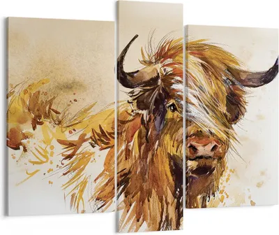 Produktbild von Bild auf Leinwand - Leinwandbild - 3 Teile - Stier Scotch Aquarell - 95x80cm - Wand Bild - Wanddeko - Wandbilder - Leinwanddruck - Bilder - Wanddekoration - Leinwand bilder - Wandbild - CB95x80-4708