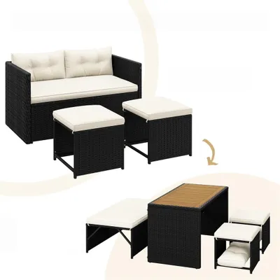 Produktbild von Yaheetech 2-in-1 Gartenmöbel Set aus Polyrattan, inkl. Sofa Tisch Hocker, modulare Sitzgruppe für Gartenlounge, Schwarz & Beige
