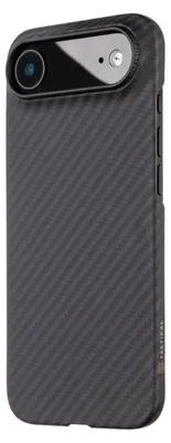 A black carbon fiber textured phone case with a camera cutout is shown from a side angle.