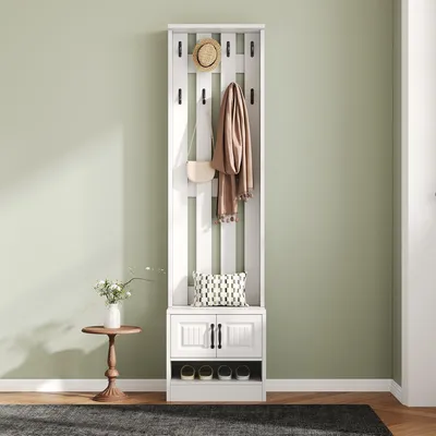 Image de OKWISH Vestiaire d’Entrée - Meuble d’Entrée avec Banc, 2 Portes et Patères, Rangement Multifonction pour Hall et Couloir - 50x36x190 cm, Blanc