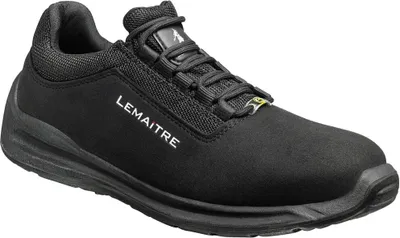 A black safety shoe is shown against a white background.