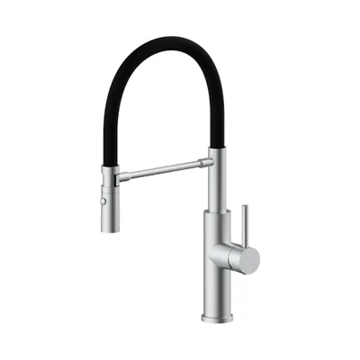 Productafbeelding van VBChome keukenkraan, roestvrij staal, met flexibele uitloop, 360° draaibaar. Éénhendelmengkraan met keramische cartridge, moderne spoelkraan, hoogte 465 mm