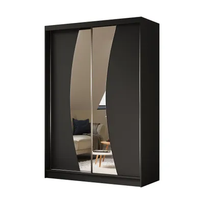 Produktbild von Schwebetürenschrank VOX 150 cm – Kleiderschrank mit 2 Schubkasteneinsätze, Spiegel & Schiebetüren (Schwarz)