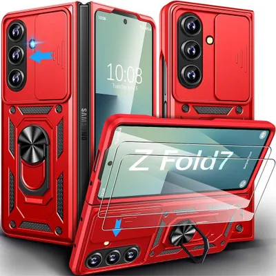 Image de Coque + 2 Verres Trempés pour Samsung Galaxy Z Fold 7, Rigide avec Anneau et Protection Caméra - Rouge