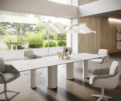 Produktbild von DELIFE Esstisch Edge 300x100 Keramik Laminam®Statuarietto Weiß Pilier Metall Weiß