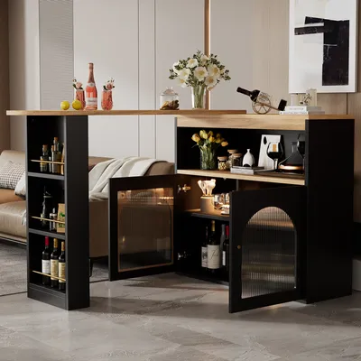Produktbild von Bartisch Moderner Ausziehbarer Drehbar Esstisch mit Stauraum, Stehtisch, Esszimmer Bistrotisch Mit 1m langem LED Einstellbare Lichtfarbe