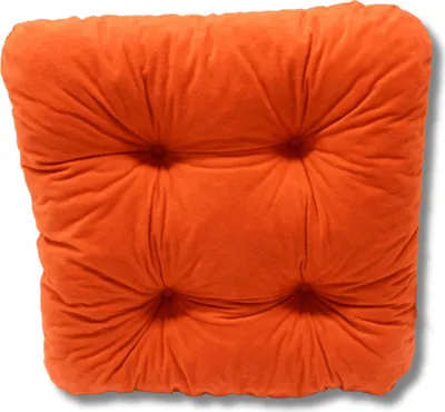 A close-up, top-down view of a square, tufted orange cushion.