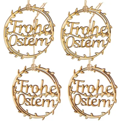Produktbild von 4 Frohe Ostern Geschenkanhänger aus Holz mit Text - 10 cm
