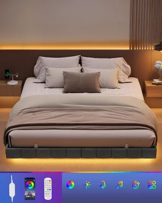 Obrázek produktu pro VASAGLE Rám postele 180 x 200 cm, s LED osvětlením, rošt, efekt „vznášející se postele“, zásuvková lišta, šedá
